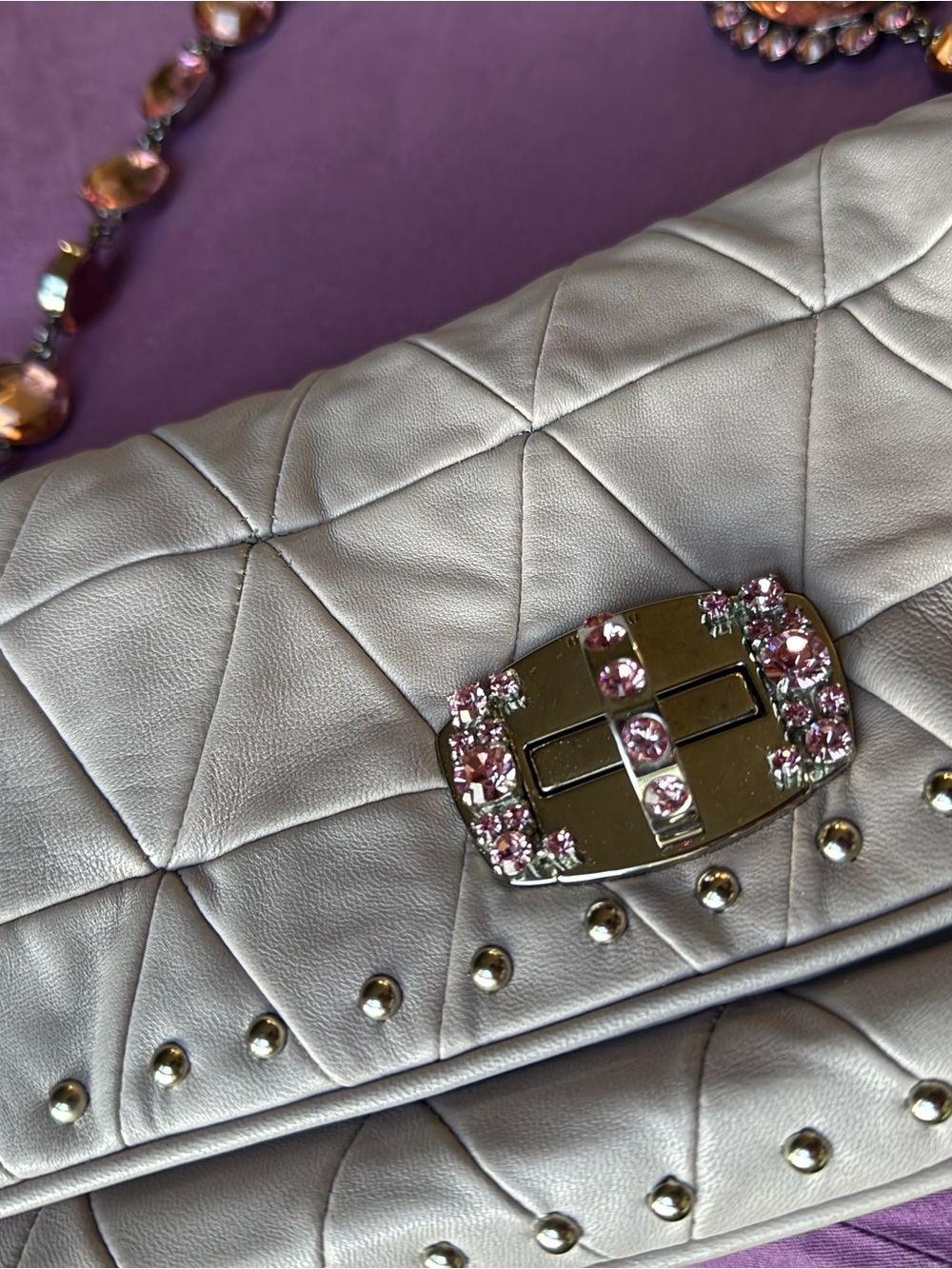 Miu Miu by Prada Quilt Studded Shoulder Bag Jeweled Chain Y2K Clutch Versatile - Picture 3 of 11